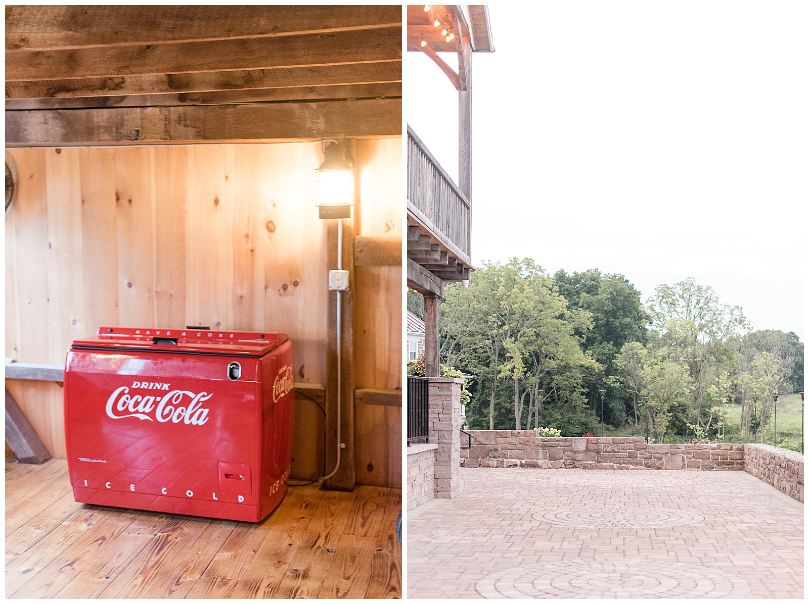 interior barn basement photo of vintage red Coca Cola deep freezer refrigerator against wooden wall with wooden floor at Spring Valley Farms in Dover, PA, close up exterior photo of corner of barn and deck area with pathway along row of trees at Spring Valley Farms in Dover, PA