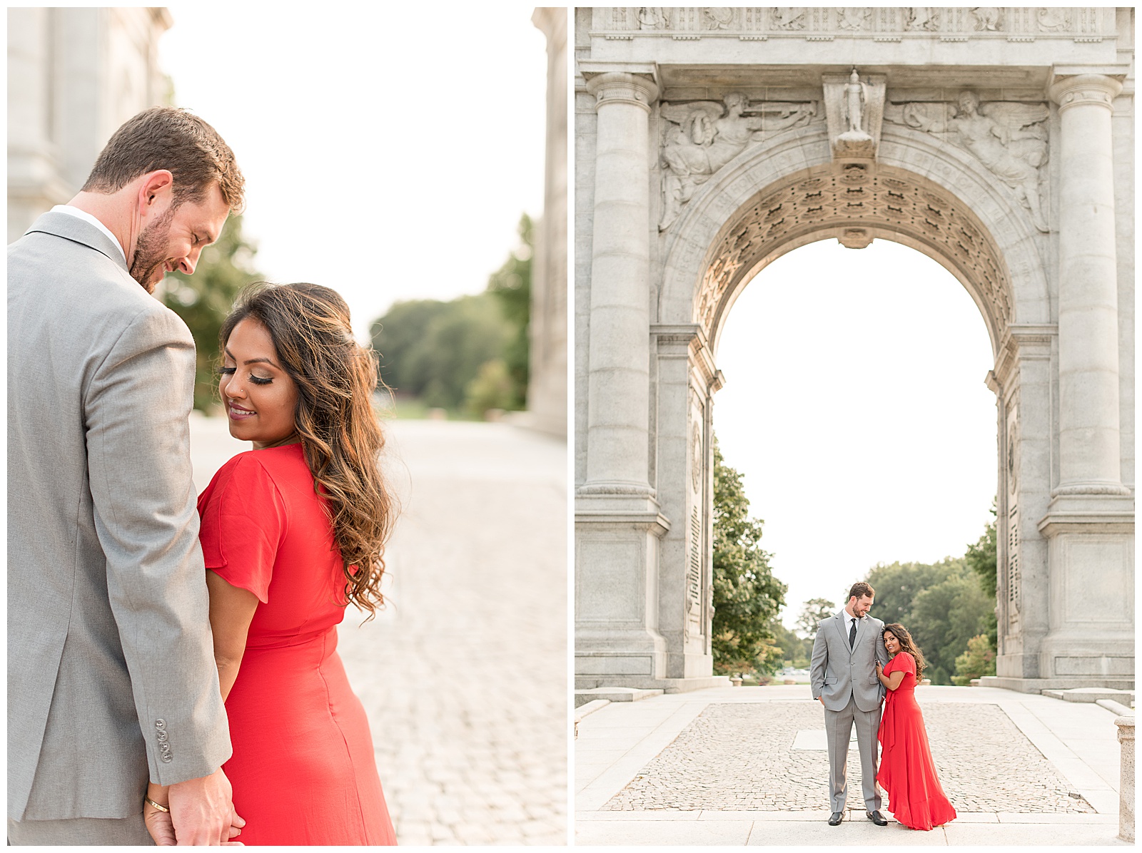 close up of couple with their backs angled towards the camera and the guy is on the left looking towards his right shoulder and towards the girl and the girl is on the right and looking towards her left shoulder and his smiling and their hands are joined together with the archway and trees behind them at the National Memorial Arch in Valley Forge, PA, couple is standing in center of walkway under large archway with the guy on the left and the girl on the right and his right hand is in his pocket and the girl is turned slightly toward the guys with her left arm resting on his chest and they are looking at the camera at the National Memorial Arch in Valley Forge, PA