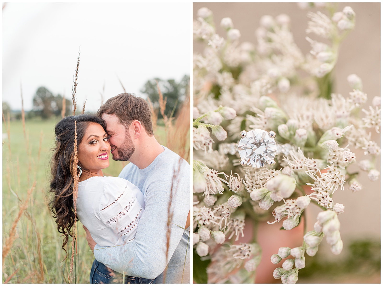 close up photo of couple is tall wild grasses with the girl on the left and the guy on the right and they are on the right side of the photo hugging tightly with the girl looking over her right shoulder smiling at the camera as the guy rests his smiling facing against the side of her head and she is wearing a white shirt and jeans and he is wearing a light gray shirt and jeans on a cloudy evening at the National Memorial Arch in Valley Forge, PA, close up of girl's engagement ring surrounded by beautiful wildflowers at the National Memorial Arch in Valley Forge, PA