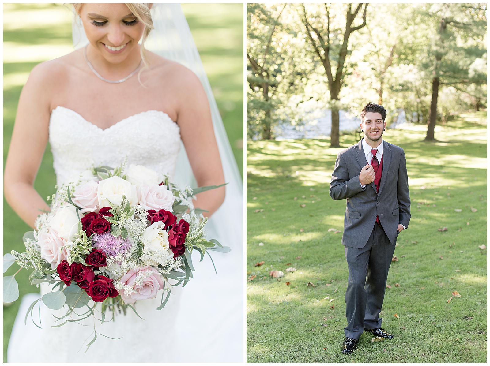 close up of bride looking down and smiling at her beautiful bouquet of white and maroon flowers and eucalyptus with grass behind her at Riverdale Manor in Lancaster, PA, groom is standing in center of photo looking at camera with left hand in pocket and right hand holding edge of his suit coat near his dark red tie and smiling with his right foot extended slightly forward with grass around him and trees and sunshine peaking through the trees behind him at Riverdale Manor in Lancaster, PA