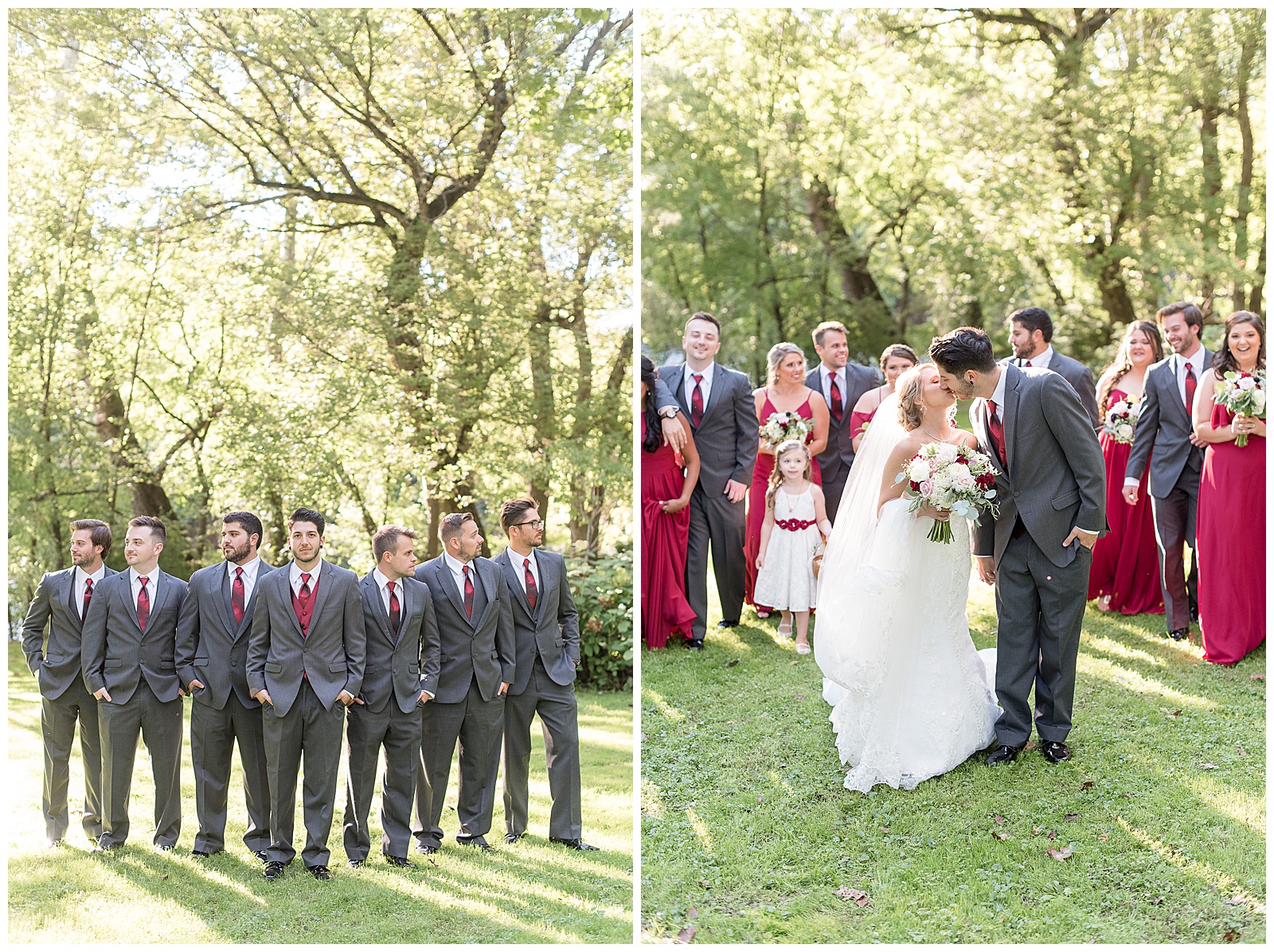 groom is standing in the middle at the point and three of his groomsmen stand tapered to his right and four groomsmen stand tapered behind him to his left while in the grass with trees and sunshine behind them and they all have their hands in their pockets and are looking over their shoulders at Riverdale Manor in Lancaster, PA, bride is on the left and groom is on the right and they are holding hands and kissing in the center of the photo with their bridal party standing behind them looking at them and smiling while standing in the grass with trees and sunshine behind them at Riverdale Manor in Lancaster, PA