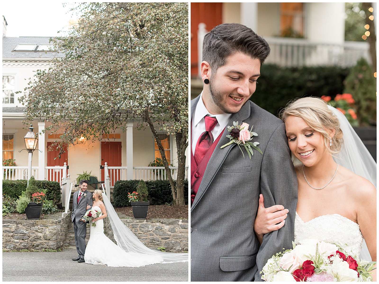 couple is standing in front of white home with two red front doors and large tree on the right and the groom is on the left walking slightly ahead of the bride on the right and looking back at her and they are smiling with her bridal gown and veil extended behind her on the paved driveway at Riverdale Manor in Lancaster, PA, close up photo of the groom on the left and the bride of the right and she is resting her right cheek against his left shoulder with her eyes looking down and smiling and the groom is looking down at her smiling and her right hand is wrapped around his left arm in front of the white house at Riverdale Manor in Lancaster, PA