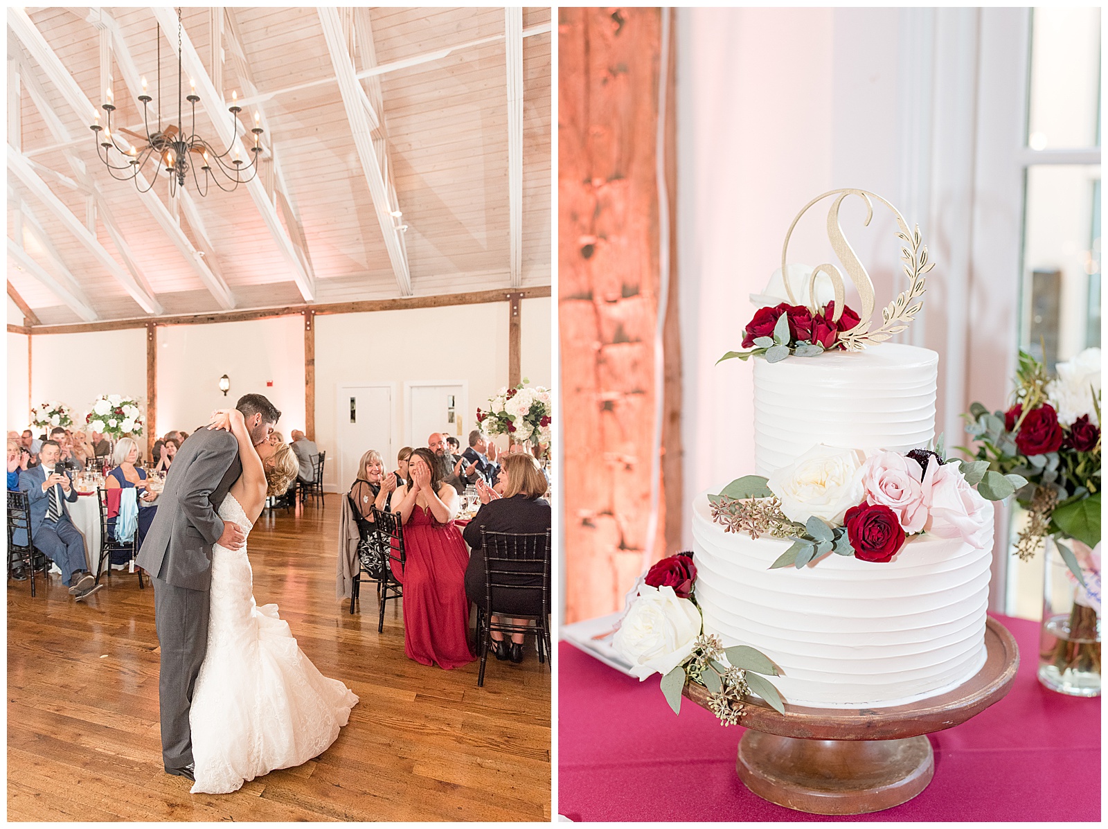 the groom is dipping the bride back while on the dance floor of the reception and the groom is on the left and the bride is on the right arching backwards and the guests are watching with smiles and the couple has their arms around one another at Riverdale Manor in Lancaster, PA, photo of the wedding cake displayed on a maroon table cloth with dark red and white flower accents on the cake and beautiful cake topper at Riverdale Manor in Lancaster, PA