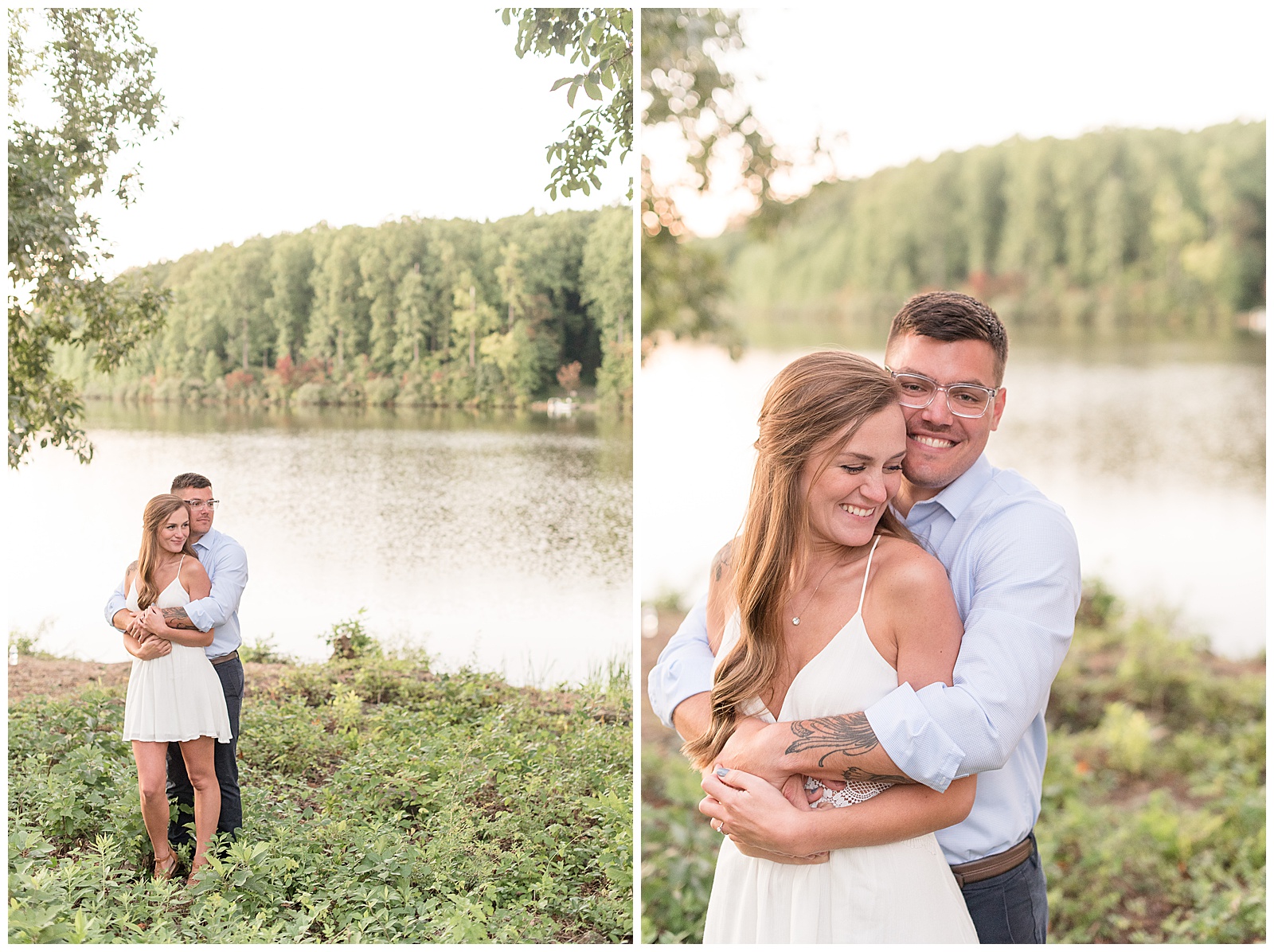 couple is standing on left side of photo and the guy is standing behind the girl hugging her tightly and they are resting their heads against one another while standing green plants along the water with trees and sky around and behind them at Hibernia County Park in Chester County, PA, close up photo of couple and the guy is standing behind the girl and hugging her tightly and they are smiling as the girl looks down towards the right side of the photo with plants, water, trees, and sky behind them at Hibernia County Park in Chester County, PA