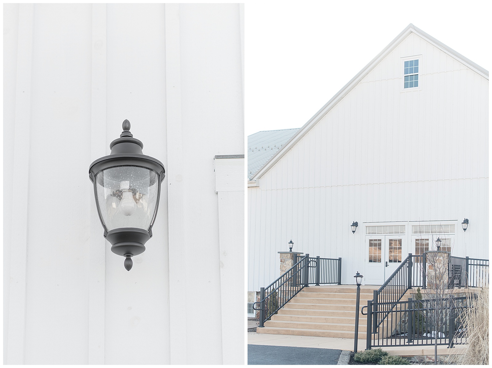 close up photo of black exterior light fixture on side of large white barn at The Barn at Stoneybrooke in Atglen, PA, exterior photo of large white barn with staircase and black wrought iron fence leading up to the main entrance at The Barn at Stoneybrooke in Atglen, PA