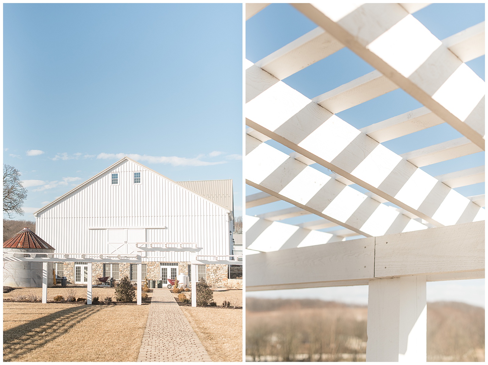exterior photo of white wooden archway with light brick pathway leading to it and large white barn with stone bottom in background and metal with rusted roof small grain bin to the left of barn and blue sky in the background at The Barn at Stoneybrooke in Atglen, PA, close up photo of white trellis of white wooden archway overhead with trees and sky in the background at The Barn at Stoneybrooke in Atglen, PA