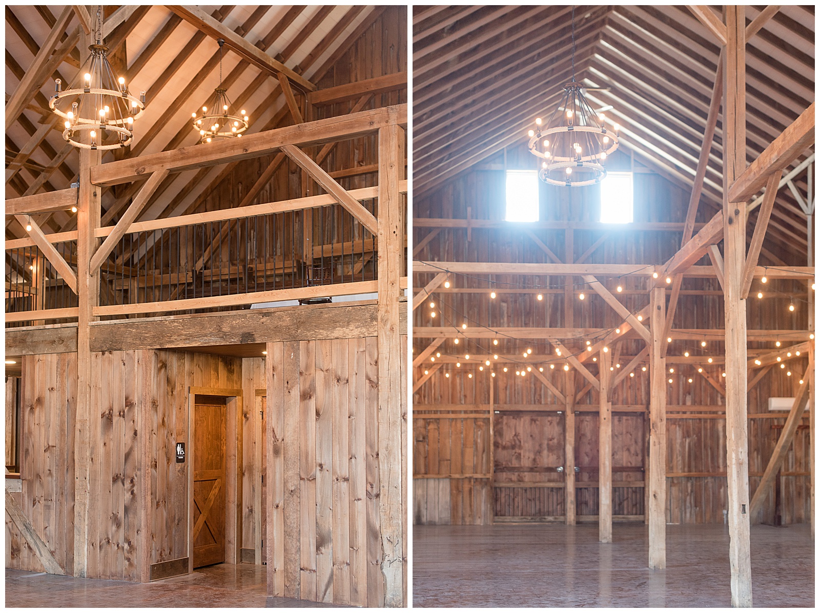 interior photo of barn with lots of exposed wooden beams and beautiful chandeliers hanging from ceiling and a wooden wall leading to the bathrooms of the reception venue at The Barn at Stoneybrooke in Atglen, PA, interior photo of reception area in large barn with lots of exposed wooden beams and strings of lights hanging from rafters and beautiful chandelier hanging from ceiling at The Barn at Stoneybrooke in Atglen, PA