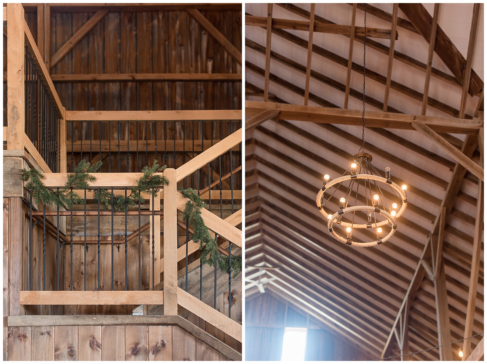 interior close up photo of wooden and black wrought iron staircase inside barn reception venue with greenery strung around handrail and exposed beams of the ceiling at The Barn at Stoneybrooke in Atglen, PA, close up photo of chandelier hanging from ceiling of exposed wooden beams with sunlight shining through small window in background at The Barn at Stoneybrooke in Atglen, PA