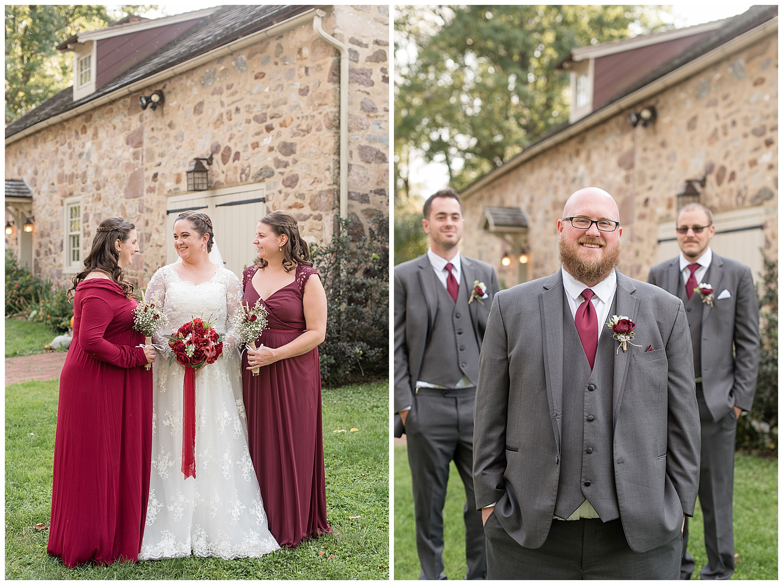 maroon and gray bridal party photos at historic poole forge