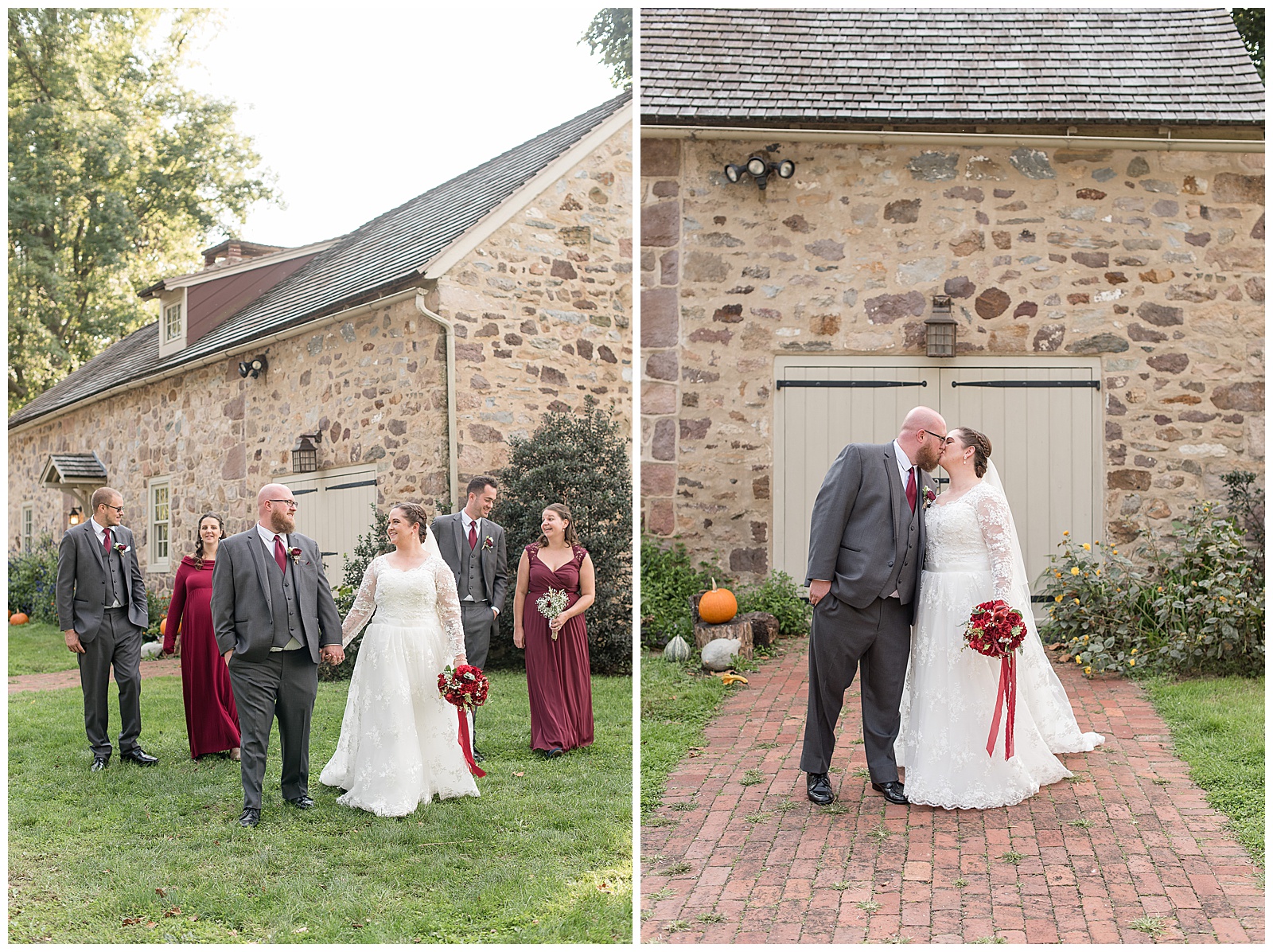 bridal party fall wedding photos at rustic barn at historic poole forge