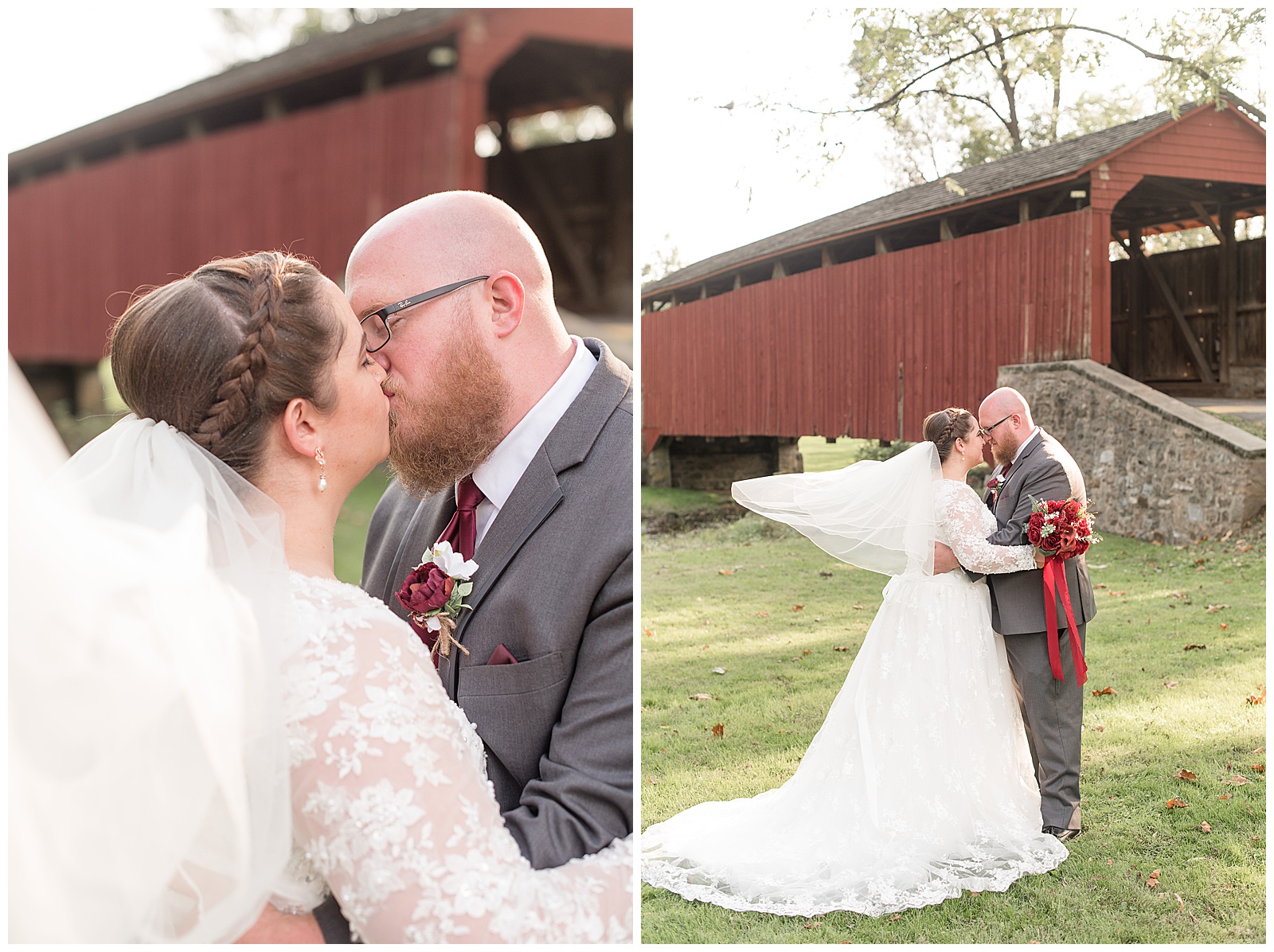 bride and groom kiss in front of maroon covered bridge at historic poole forge