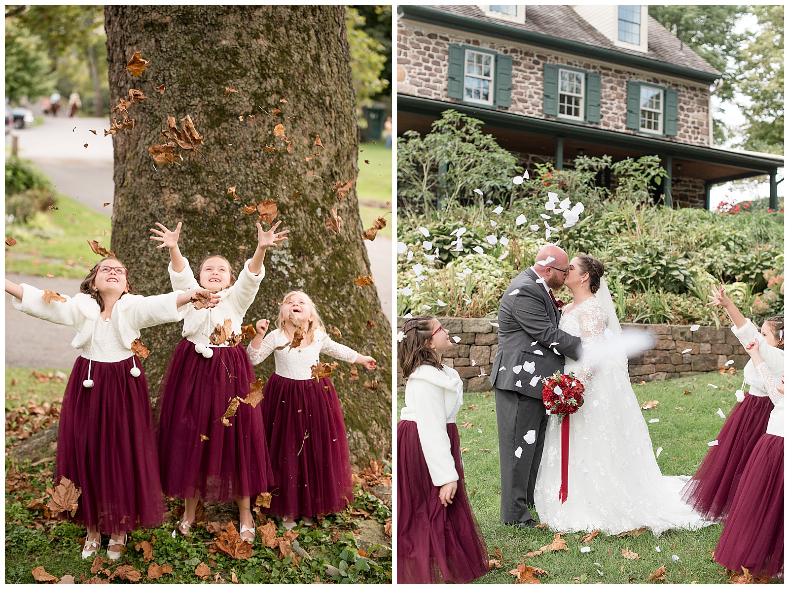 bride and groom with their daughters in maroon dresses at historic poole forge