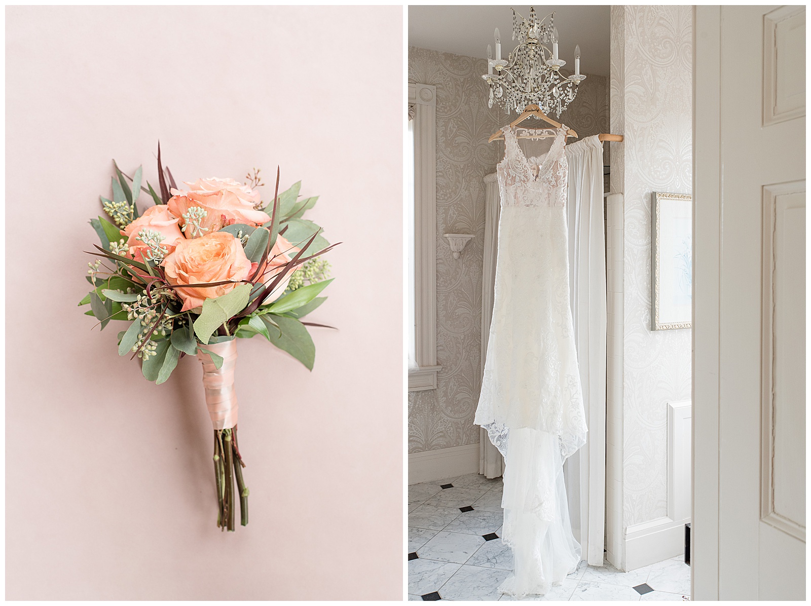 bridal bouquet and brides dress hanging in bridal suite