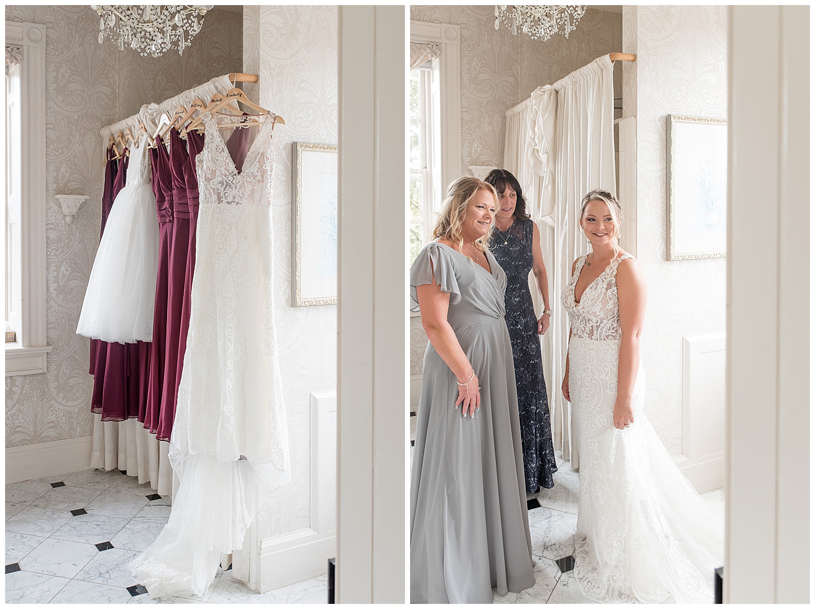 bride in gown with bridesmaid dresses hanging on rack in bridal suite