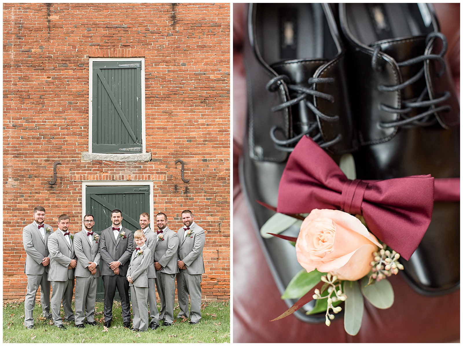 groom with groomsmen by brick building and grooms shoes with boutonniere