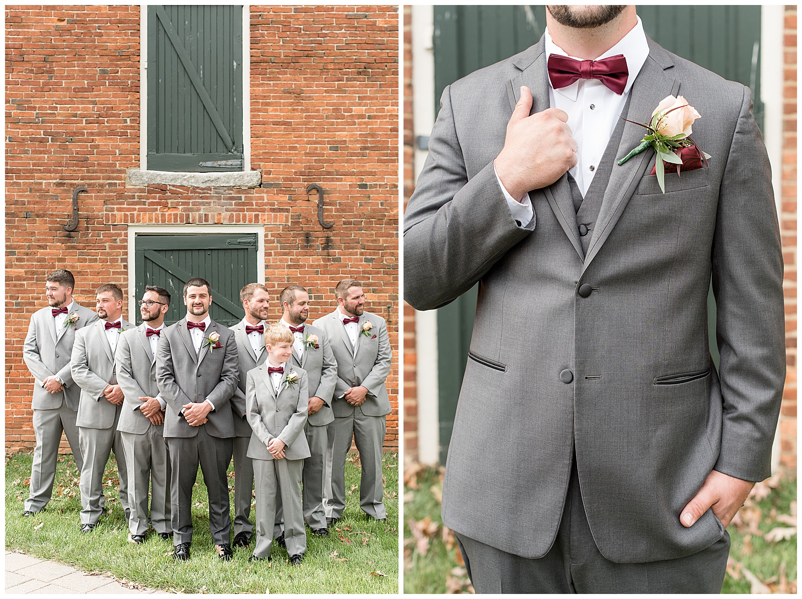groom with groomsmen in gray suits by brick building on golf course