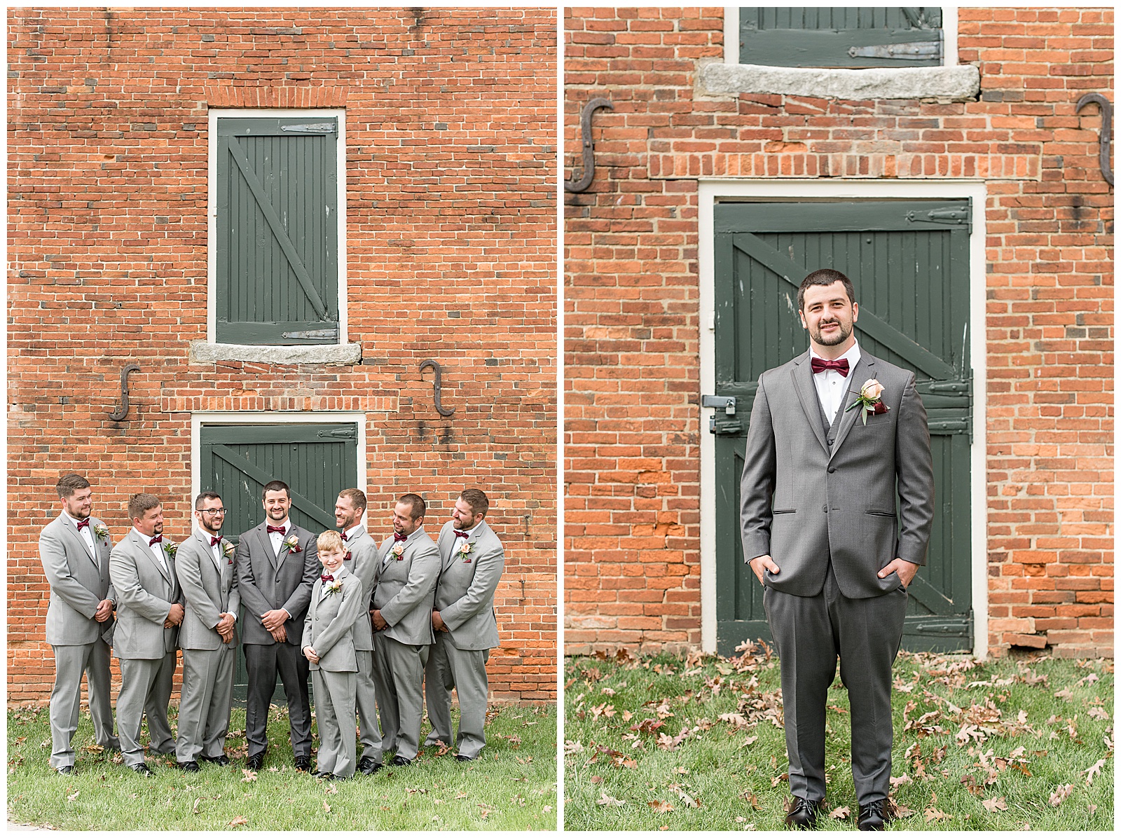groom with groomsmen in gray suits by brick building