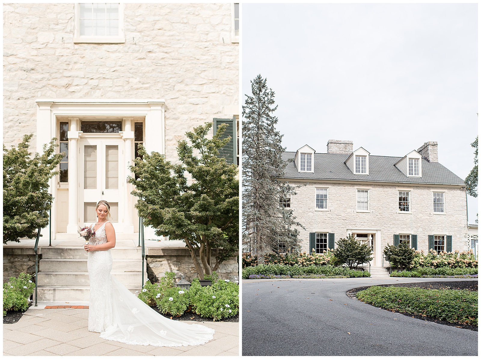 bride standing in front of stone building at hayfields country club in hunt valley maryland