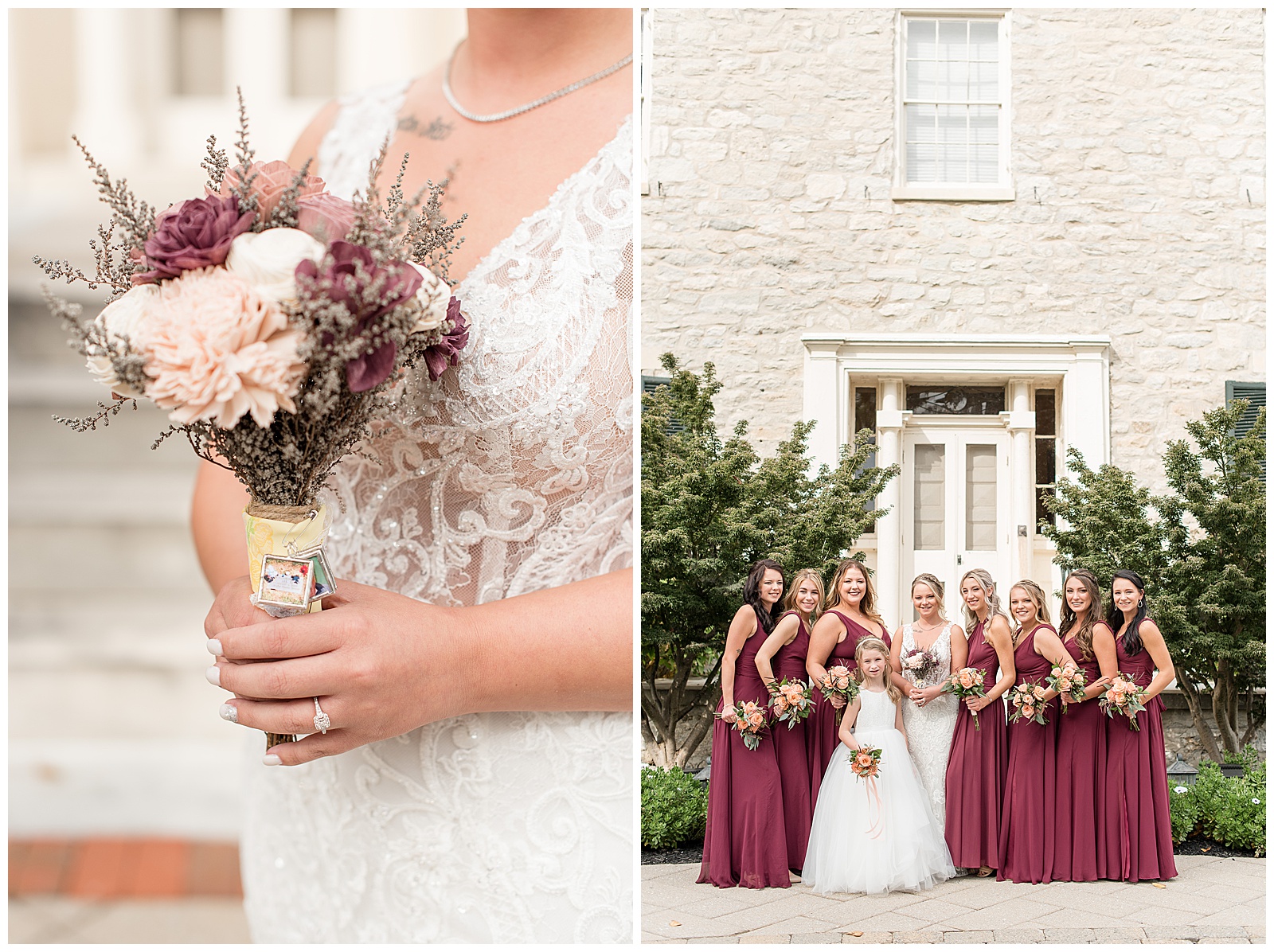 bride holding bouquet and bride standing with bridal party by stone building