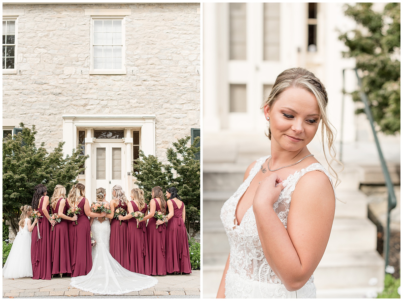 bride with bridesmaids in maroon dresses with backs to camera in front of stone building