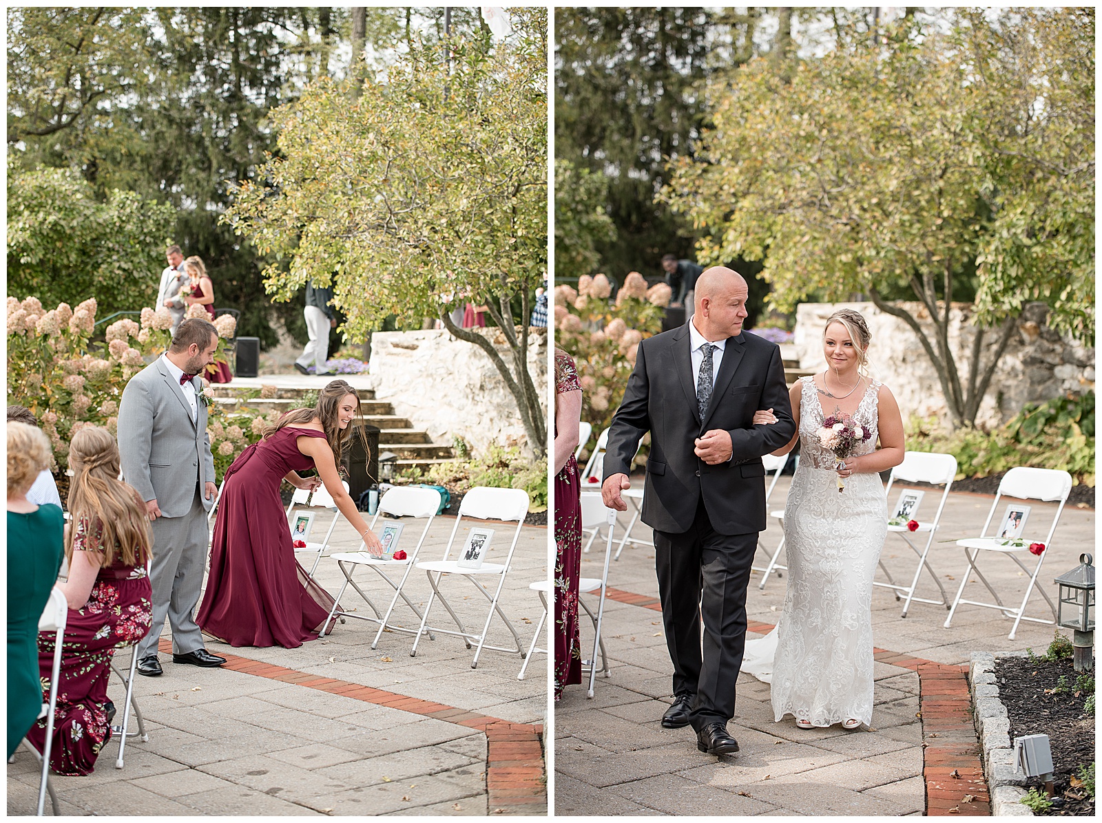 guests watch father walk bride down the aisle at wedding ceremony