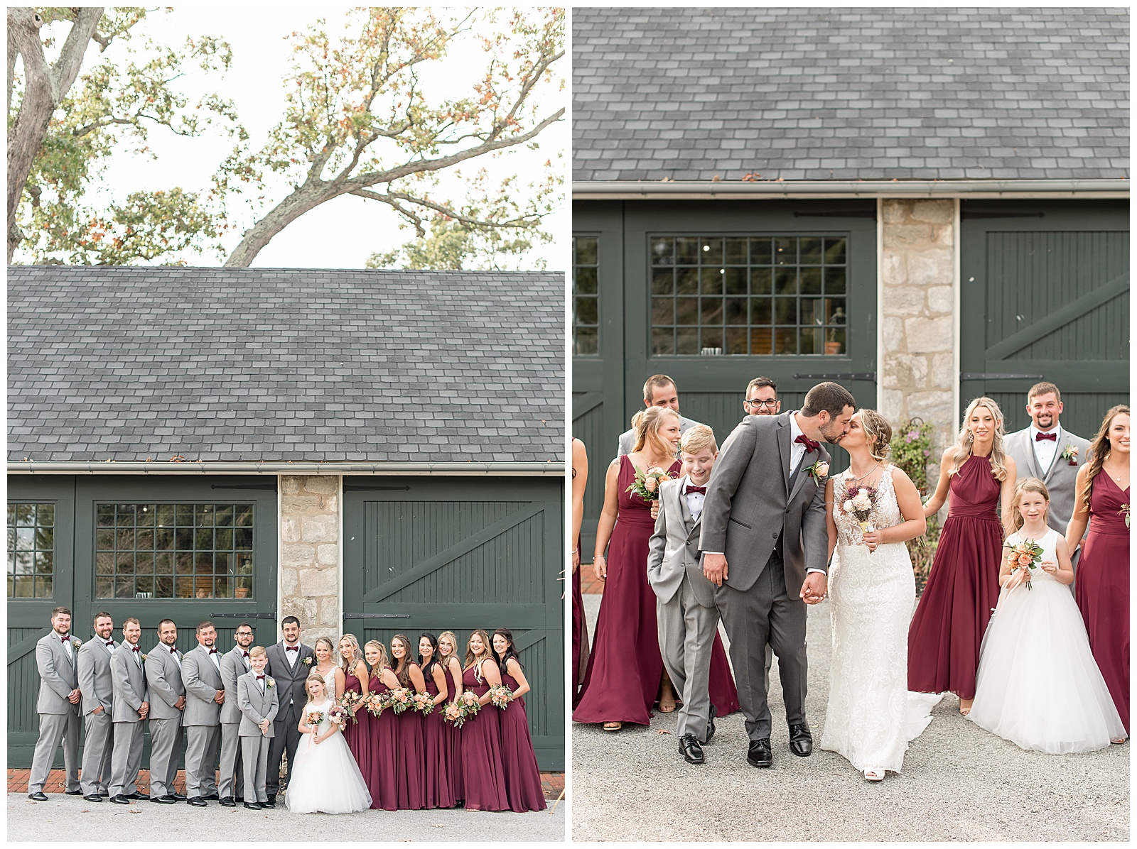 couple with maroon and gray bridal party in front of stone building with large doors