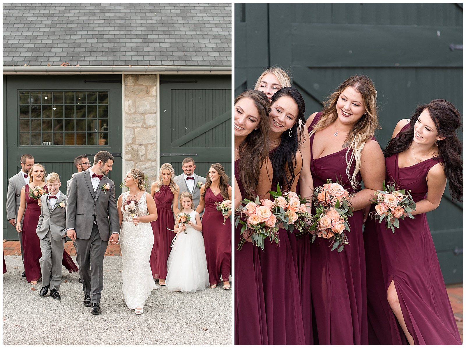 bride and groom with bridal party wearing maroon and gray in front of stone building