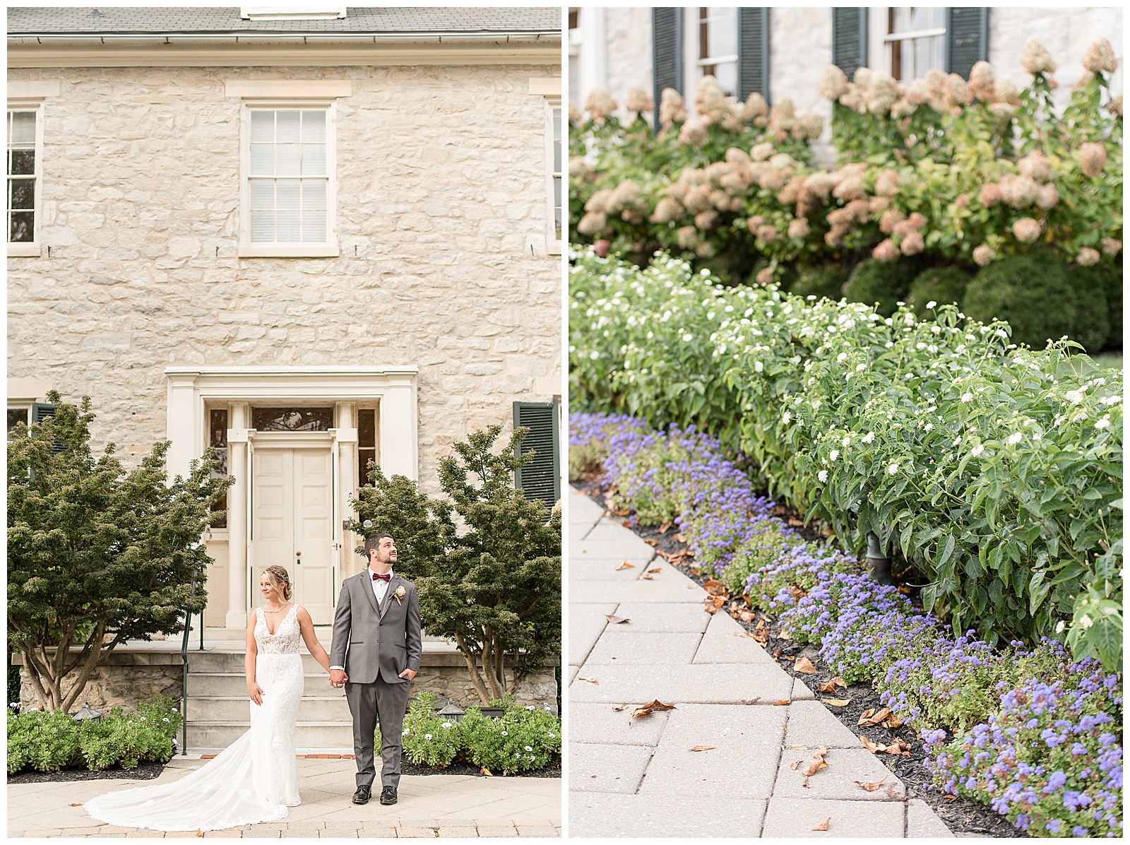 bride and groom outside beautifully landscaped stone building at golf course