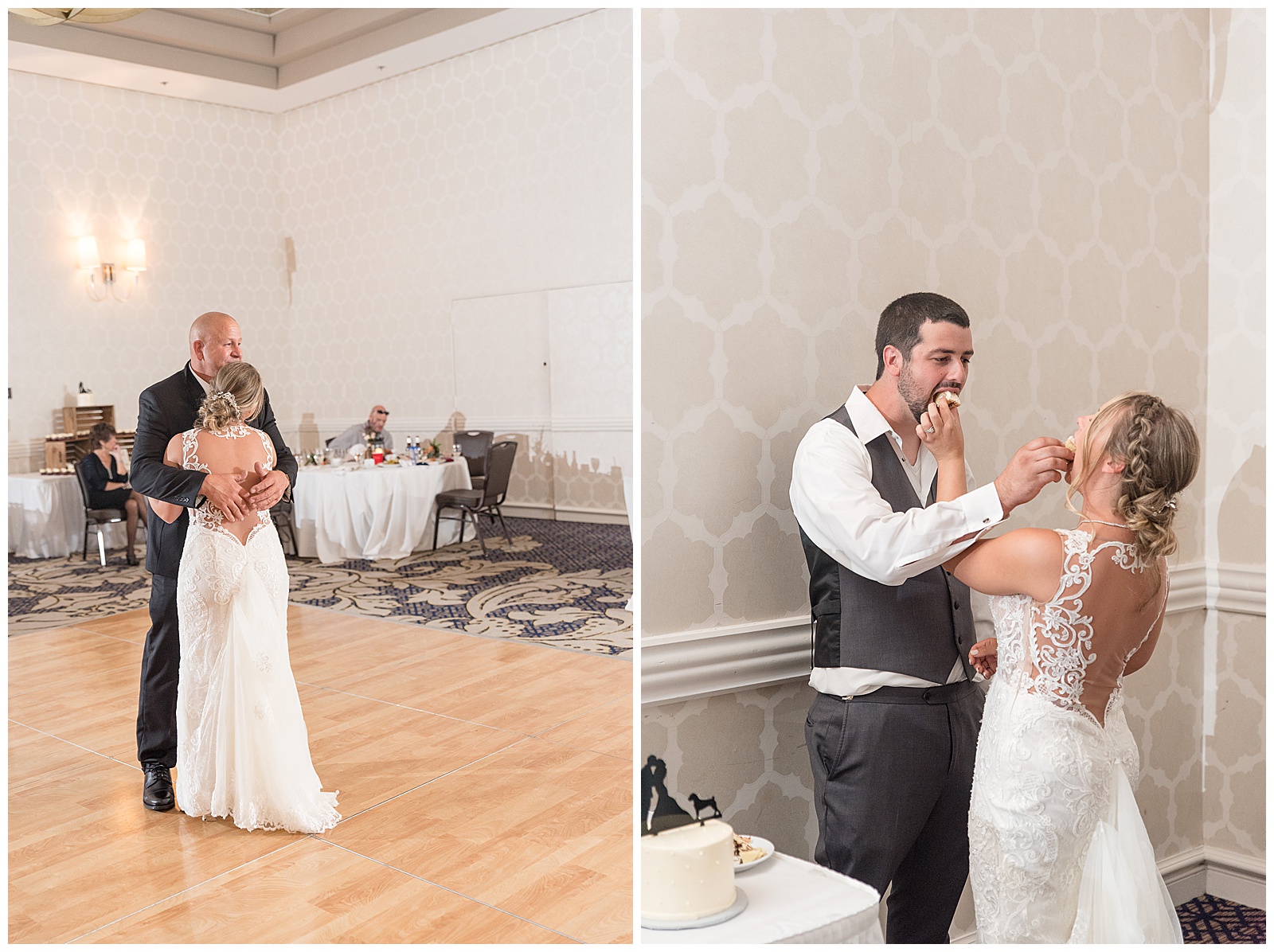 bride and groom celebrate with dancing and cake eating at their reception