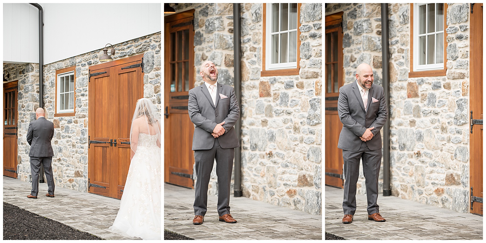 groom is stunned to see his bride for the first time outside beautiful stone barn