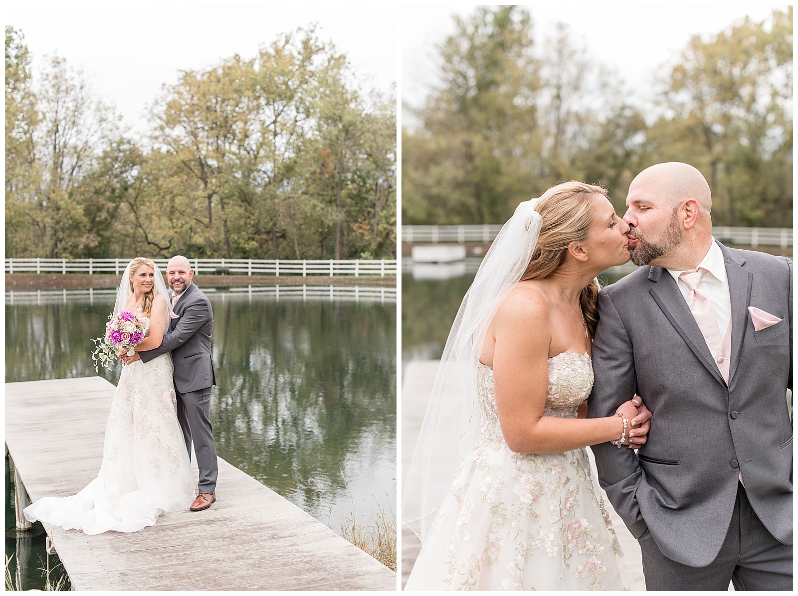 bride and groom standing close and kissing by pond at bluestone estate