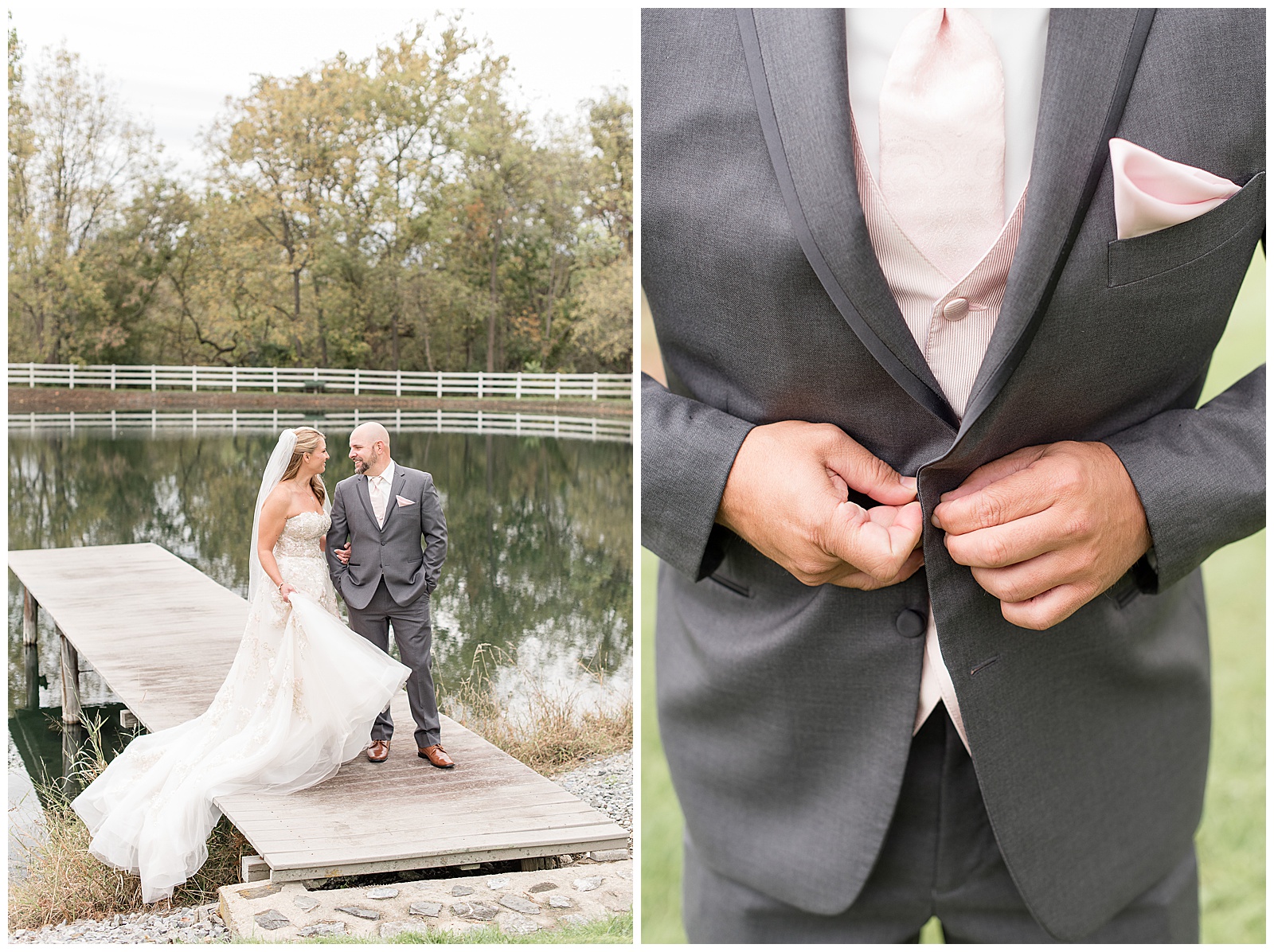 groom buttons his gray suit coat with blush tie before wedding ceremony
