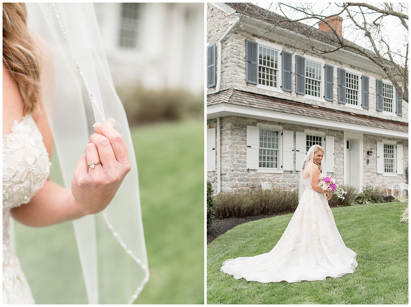 bride holding pink bouquet outside historic stone house in lancaster pennsylvania