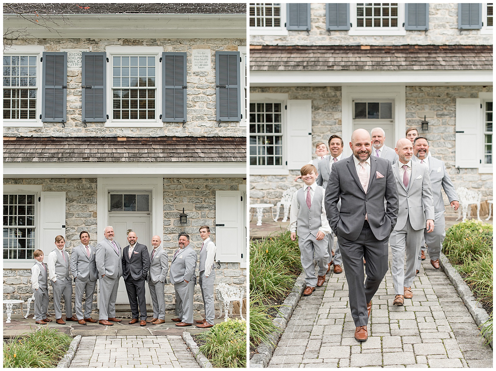 groom with groomsmen in front of historic stone house and stone pathway