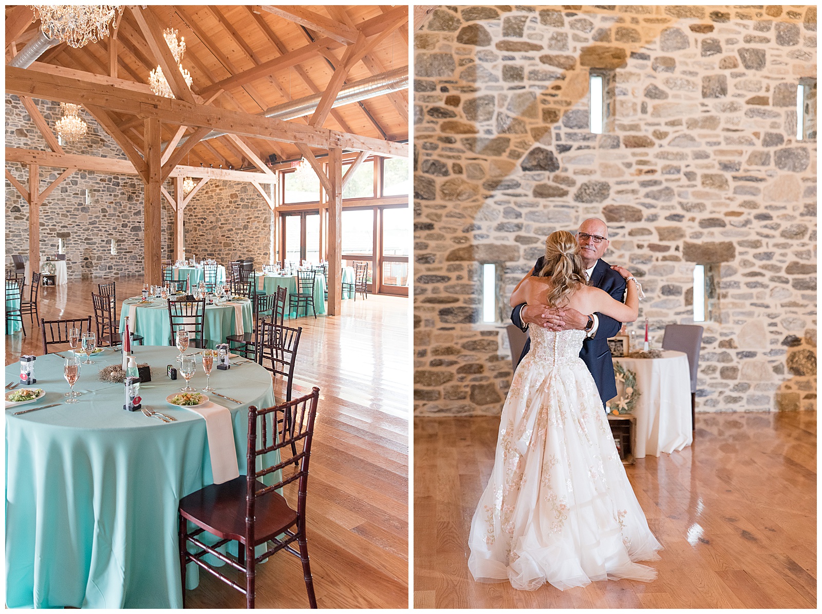 beautiful stone barn reception with bride and her father slow dancing together