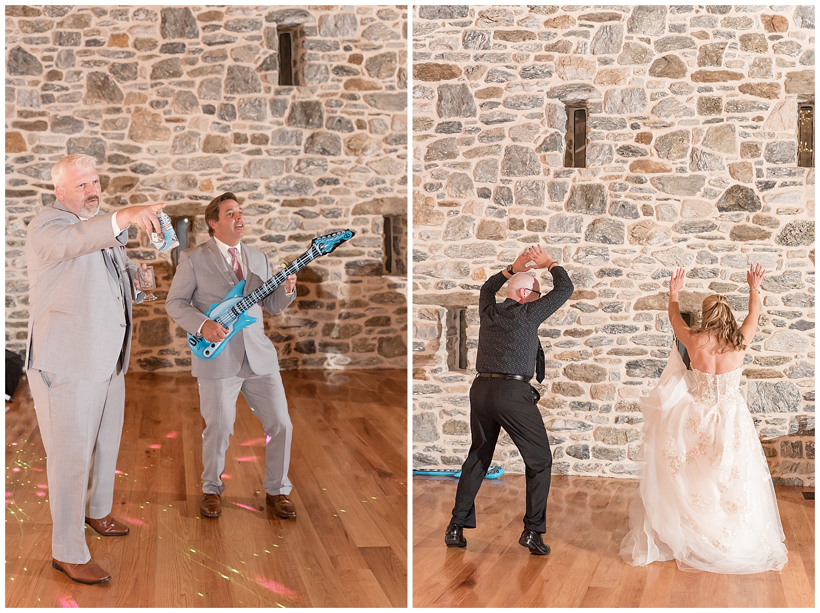 bridal party rocking out and dancing during reception in stone barn venue