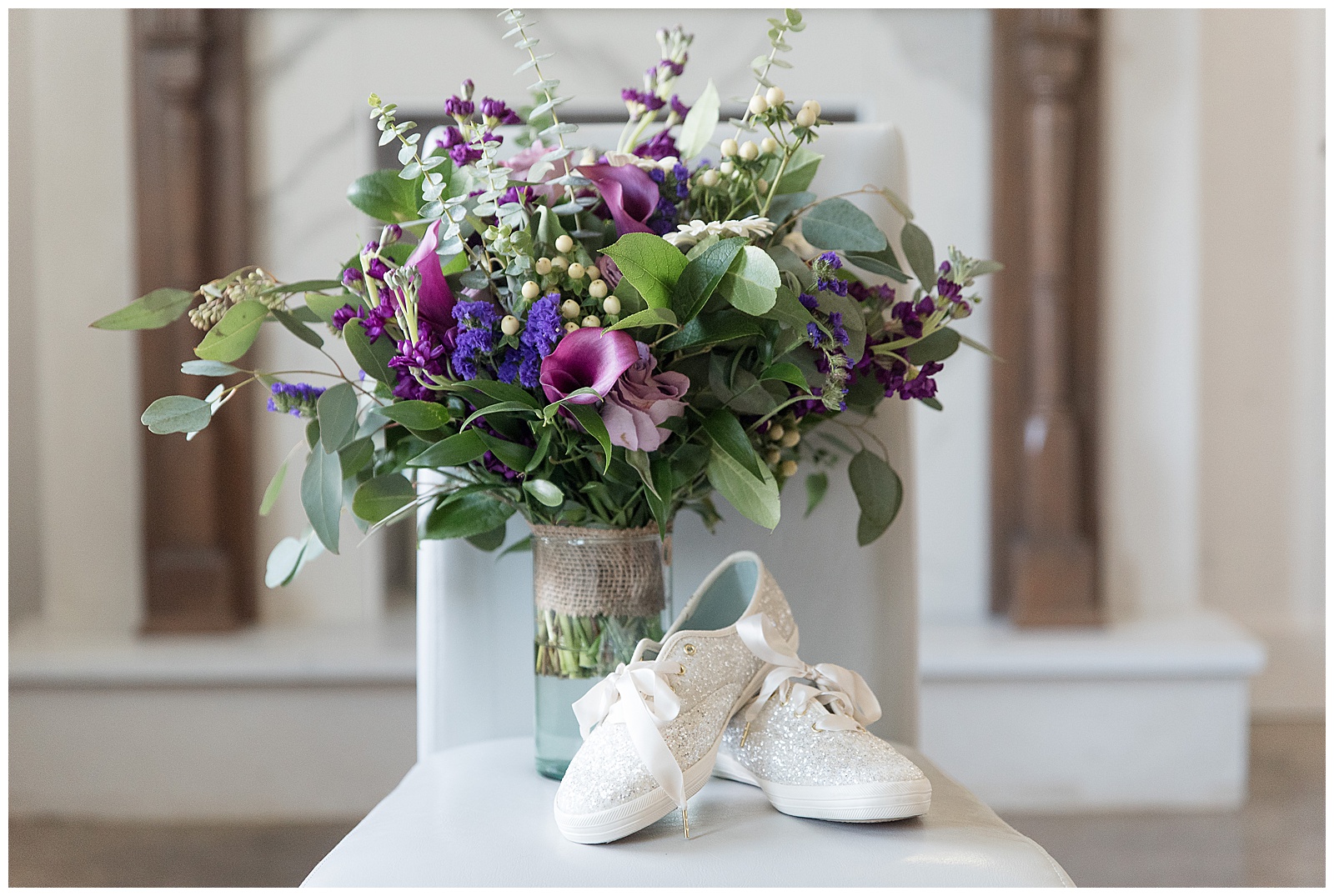 wedding details of white wedding sneakers and floral bouquet