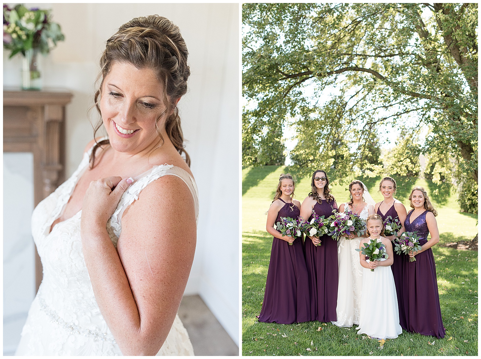 bridesmaids in purple gowns in front of large maple tree