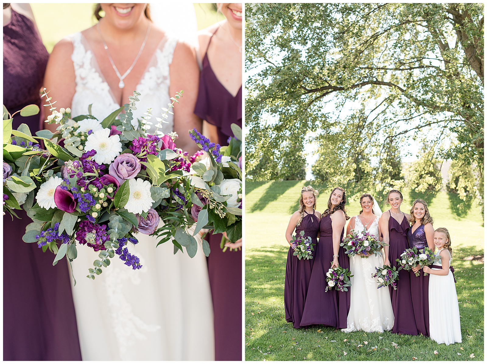 purple and white floral bouquets with greenery