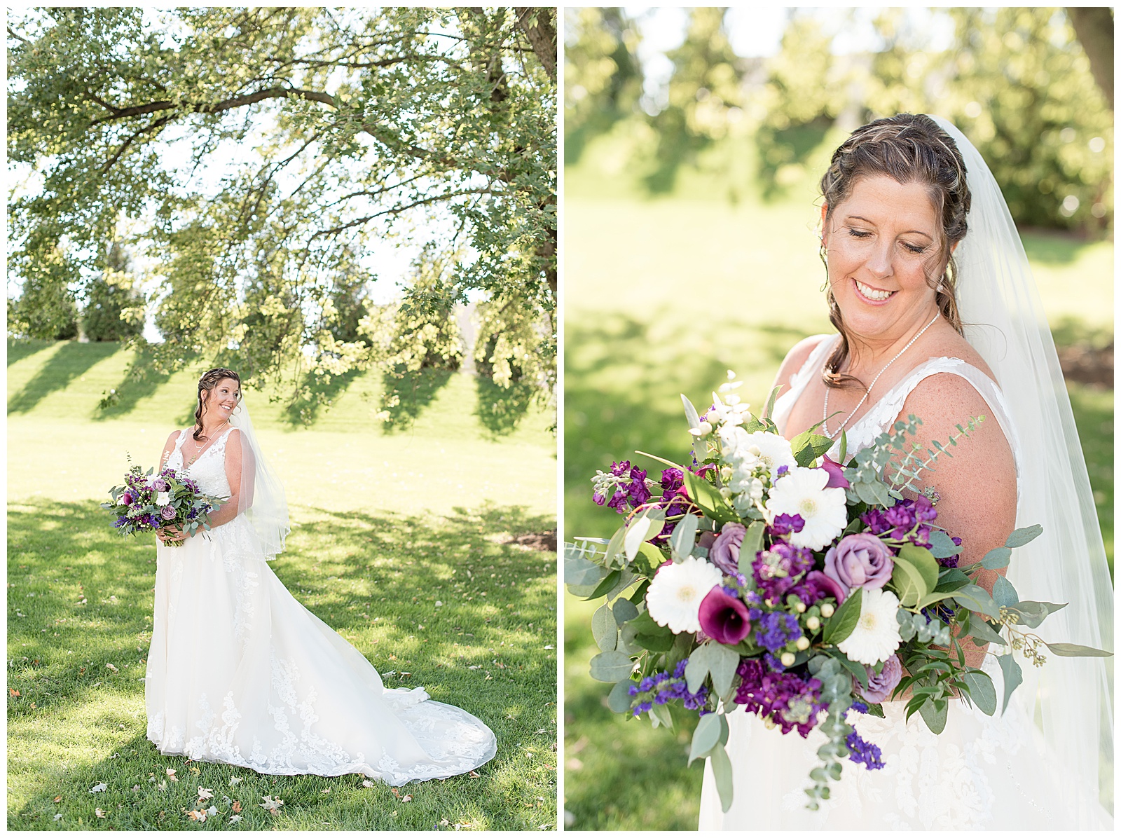 bridal portrait of bride smiling down towards floral bouquet at Stoltzfus Homestead and Gardens