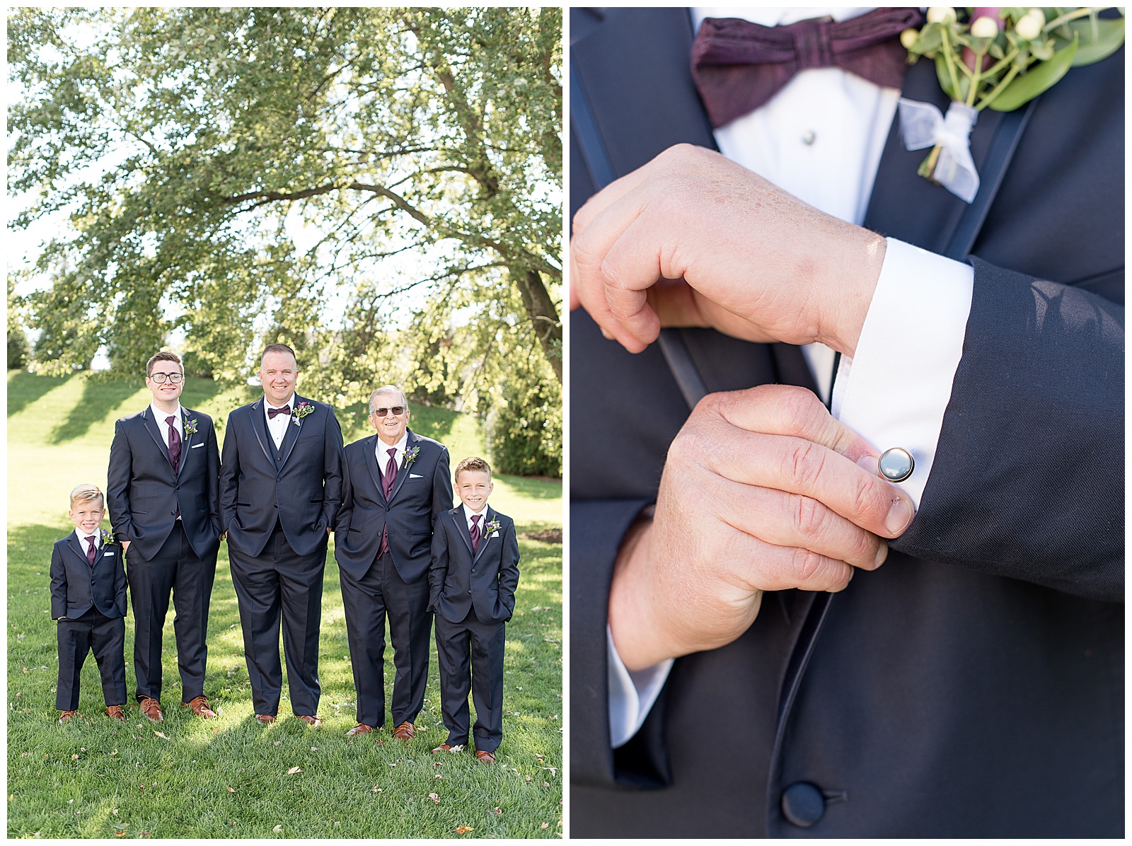 groomsmen with hands in pockets of black suit smiling at camera