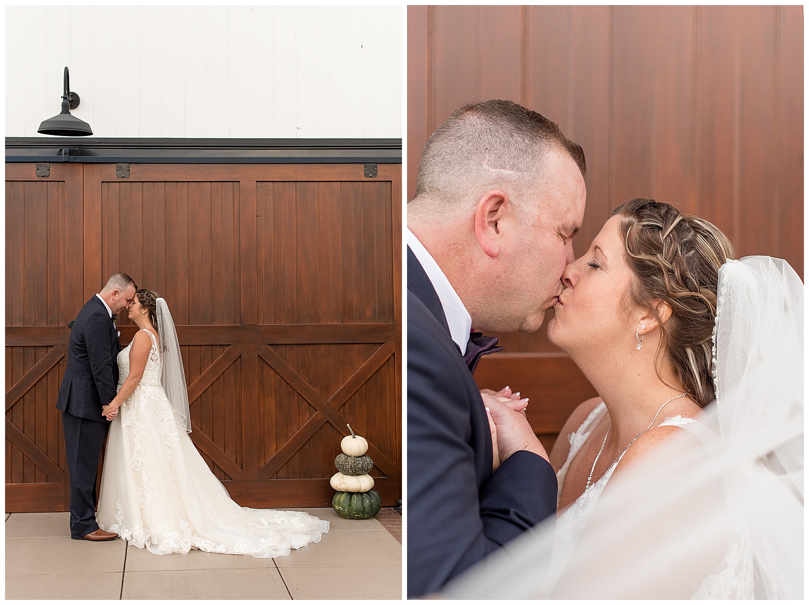 bride and groom portraits in front of large wood barn doors facing each other