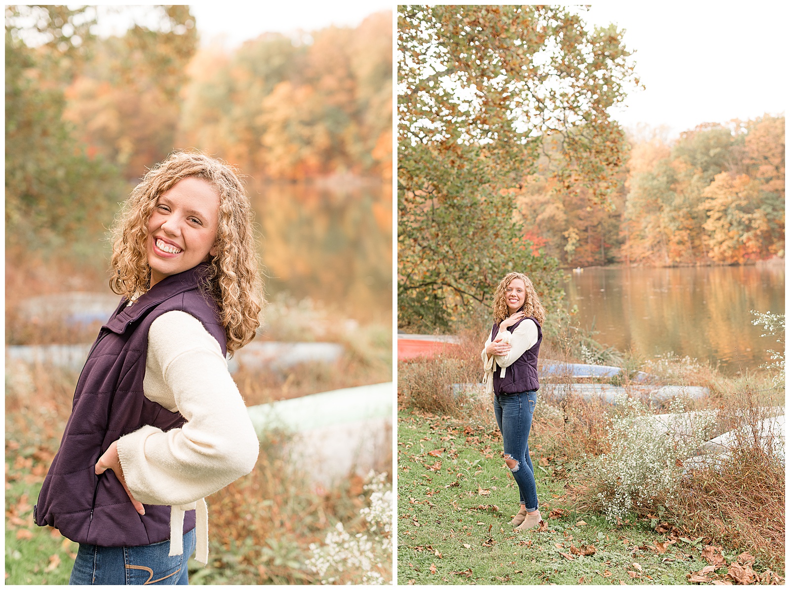 senior girl in cozy vest and jeans by lake with beautiful trees on fall day