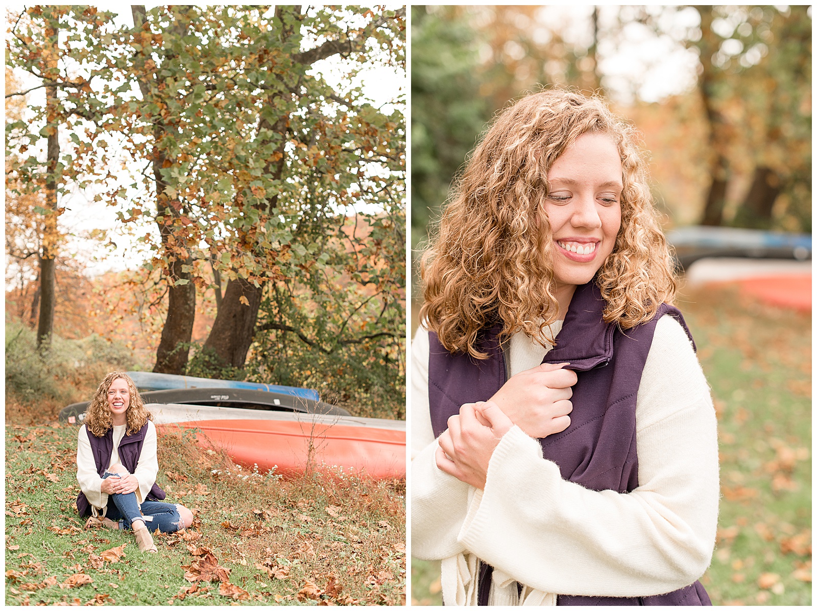 senior girl posing by colorful canoes on beautiful fall day