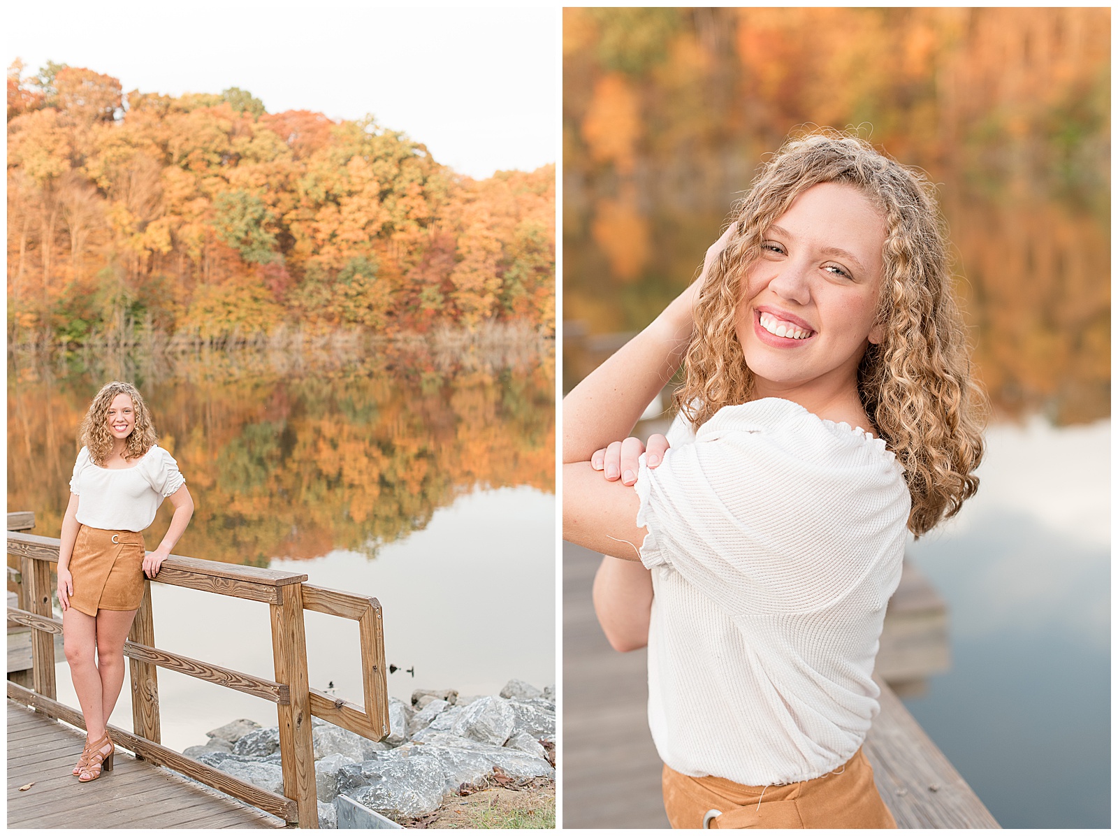 senior girl in white top and orange skirt standing on dock on fall day by lake