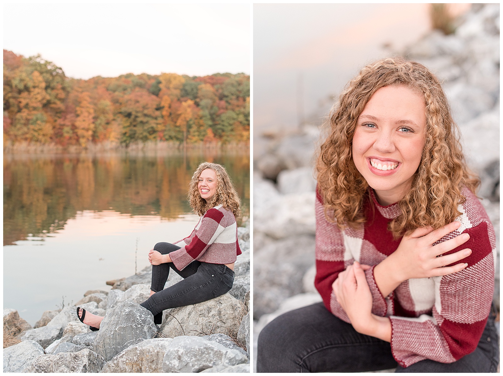 senior girl in maroon and black outfit on large rocks by lake on fall day