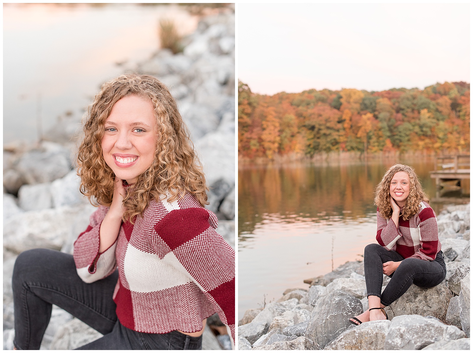 senior girl on rocks leaning elbow on knee by lake on colorful fall day