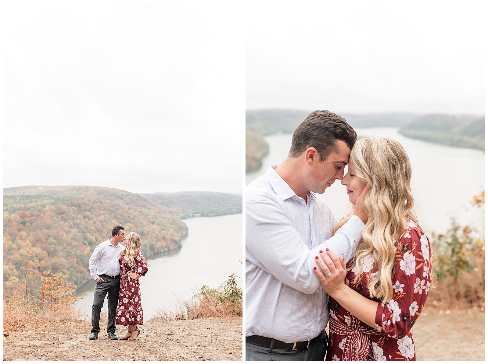 couple hugging atop beautiful lookout with fall trees and river behind them