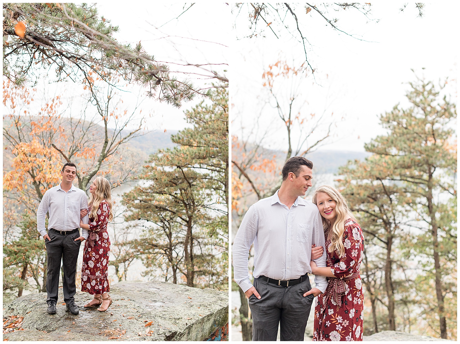 couple standing close by evergreens and colorful trees on cloudy fall day atop overlook