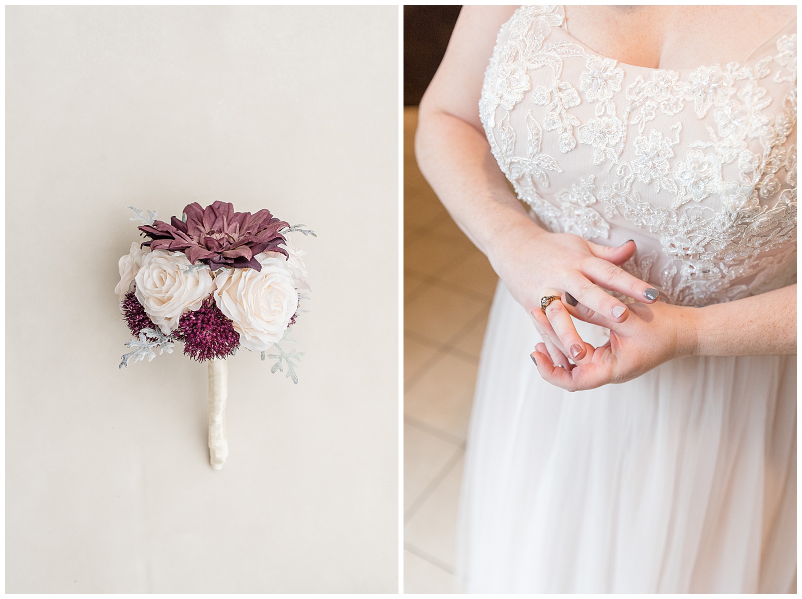bride holding her engagement ring and dark pink and white floral bouquet